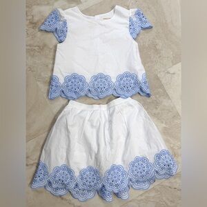 Happily Grey Kids White Blue Eyelet 2-Piece Set 7/8 Girls Scalloped Skirt Top
